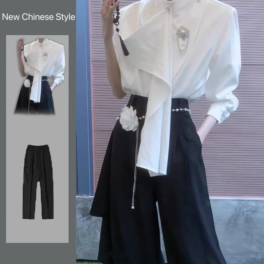 Street Fashion In Chinese - เสื้อเชิ้ตสไตล์จีนใหม่สำหรับผู้ชายและผู้หญิง พร้อมผ้าพันคอริบบิ้นสีขาวและดำ เสื้อคอปกสไตล์วินเทจ แฟชั่นสตรีทแบบไบเซ็กซ์ Y2K