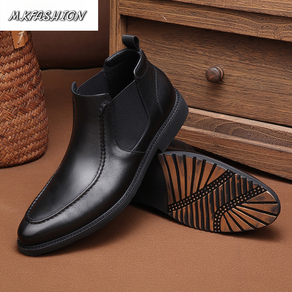 Street Fashion Online - รองเท้าบูทข้อเท้าแฟชั่นผู้ชาย หนังนุ่ม พื้นยาง บุขนอุ่นสำหรับฤดูหนาว สวมใส่สบาย