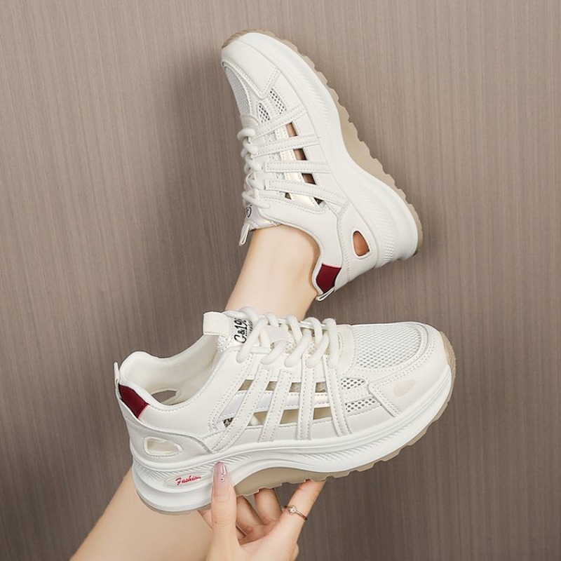 Chunky Sneaker Platform - รองเท้าผ้าใบผู้หญิง หัวกลม พื้นหนา ผูกเชือก แผงตาข่าย ดีไซน์แบบมีช่องเว้า