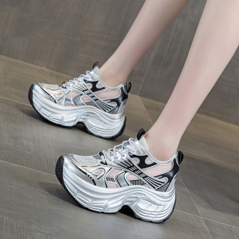 Chunky Sneaker Platform - รองเท้าผ้าใบเสริมส้นสูง 8 ซม. สำหรับผู้หญิง ระบายอากาศได้ดี ดีไซน์ทันสมัย
