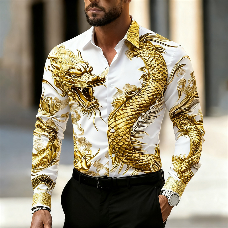 Street Fashion In Chinese - เสื้อเชิ้ตผู้ชายแขนยาว ลายมังกรจีน พิมพ์ลาย 3D คอปก แฟชั่นลำลอง
