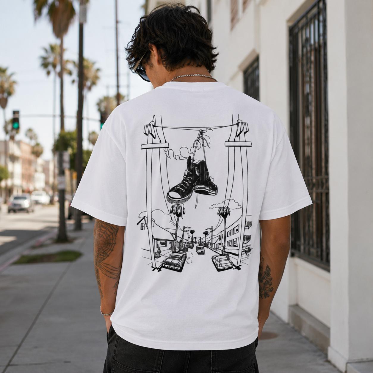 Street Fashion Online - เสื้อยืดลาย Sneakers on Power Lines ภาพวาดสตรีทสไตล์ย้อนยุค