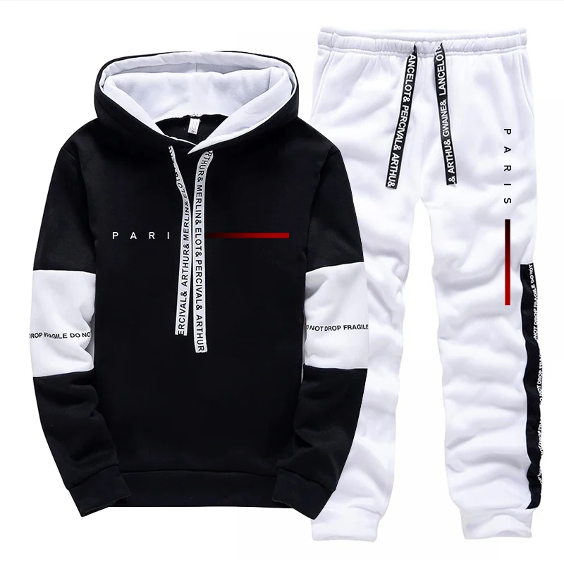 Fashion Streetwear - ชุดฮู้ดดี้แฟชั่นสไตล์ปารีสสำหรับผู้ชาย เสื้อฮู้ดและกางเกงขายาวลำลอง ใส่ได้ทุกฤดู เหมาะสำหรับใส่ในชีวิตประจำวัน ออกกำลังกาย หรือเล่นกีฬา