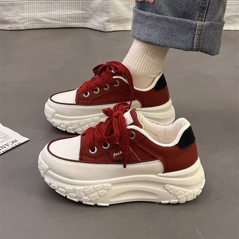 Chunky Sneaker Platform - รองเท้าผ้าใบสีขาวทรง Chunky สไตล์สปริงสำหรับผู้หญิง พื้นหนาเสริมส้นสูง 5 ซม.