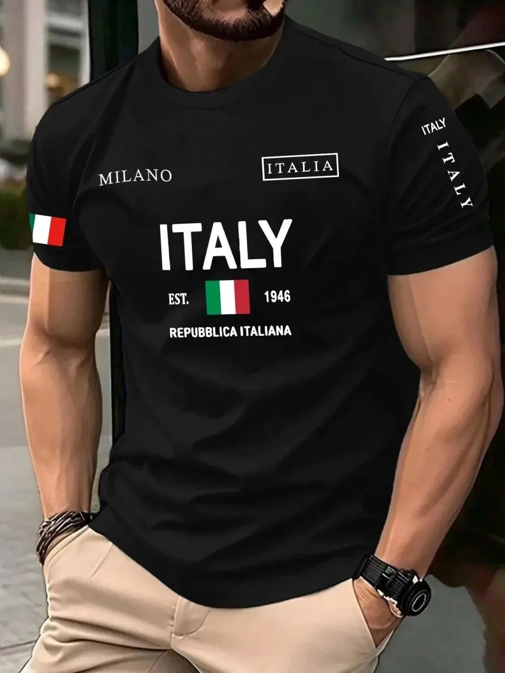 Street Fashion Of Milan - เสื้อยืดผู้ชายพิมพ์ลาย 3D สไตล์ยุโรป-อเมริกัน แฟชั่นอินเทรนด์ ลายตัวอักษรมิลาน แห้งเร็ว
