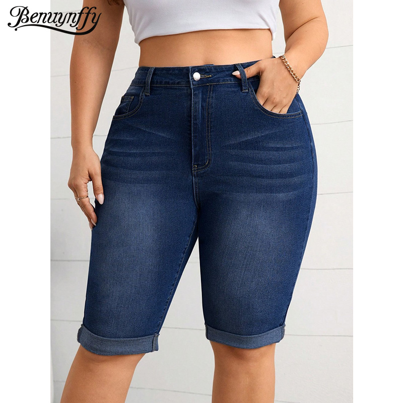 Street Fashion Plus Size - กางเกงยีนส์ทรงดินสอเอวกลางแบบวินเทจ แบรนด์ Benuynffy ไซส์พลัส สำหรับผู้หญิง รุ่นซัมเมอร์
