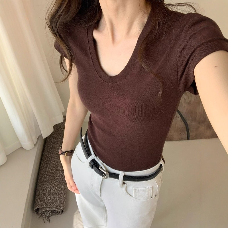 Fashion Streetwear - เสื้อยืดคอกลมแขนสั้นผู้หญิง ทรงเข้ารูป สไตล์ลำลอง เรียบหรู ทันสมัย แฟชั่นพื้นฐาน
