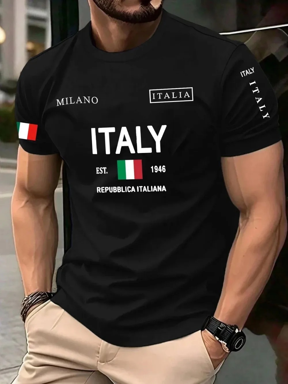 Street Fashion Of Milan - เทรนด์แฟชั่นยุโรปอเมริกัน เสื้อยืดผู้ชายพิมพ์ลาย 3 มิติ ตัวอักษรมิลาน ระบายอากาศ