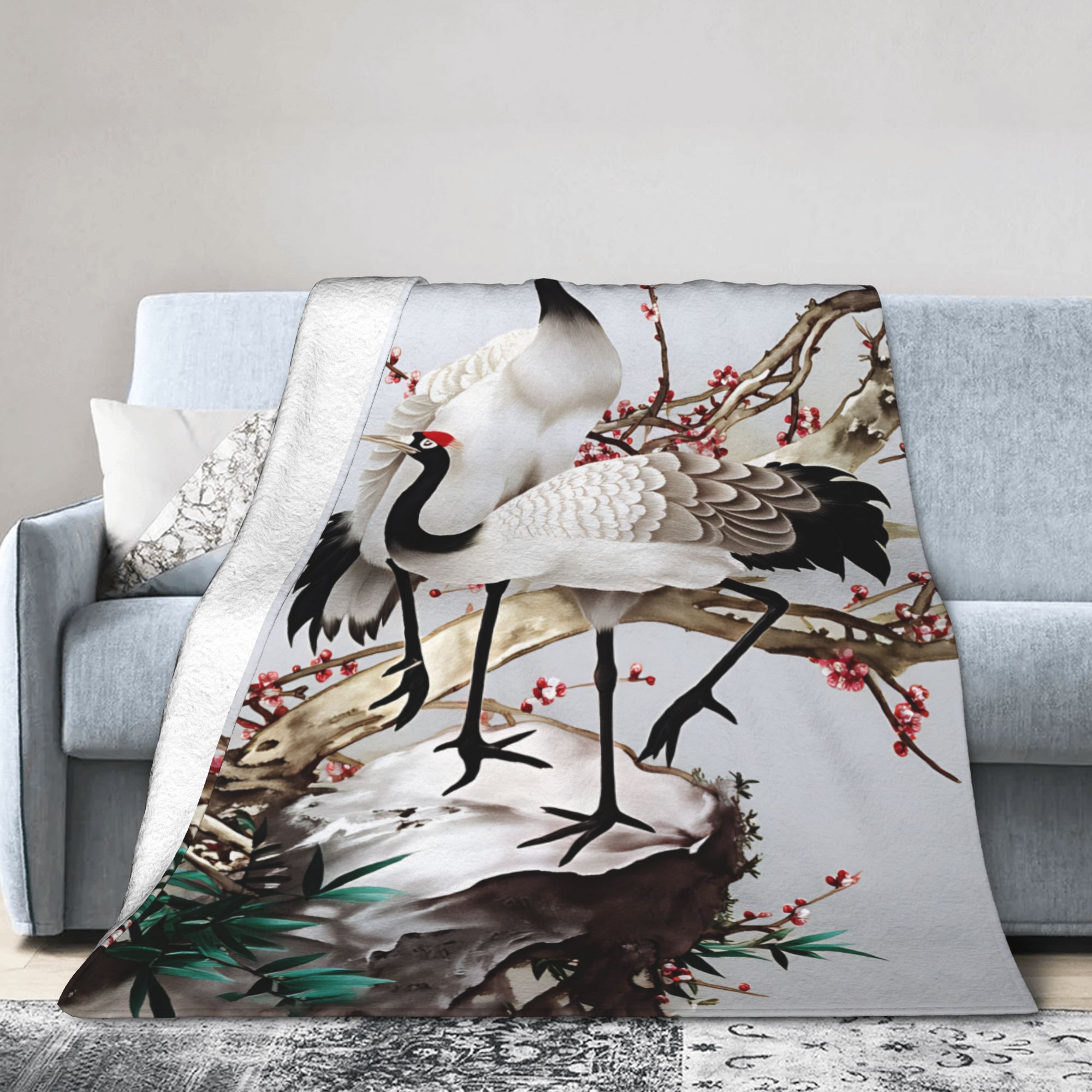 Street Fashion In Chinese - ผ้าห่มลายเครนสไตล์จีน ผ้าห่มนุ่มพิเศษ แฟชั่นสตรีท ผ้าห่มขนนุ่มสำหรับเด็กและผู้ใหญ่ ผ้าคลุมเตียงสำหรับใช้งานกลางแจ้ง ผ้าคลุมเตียง