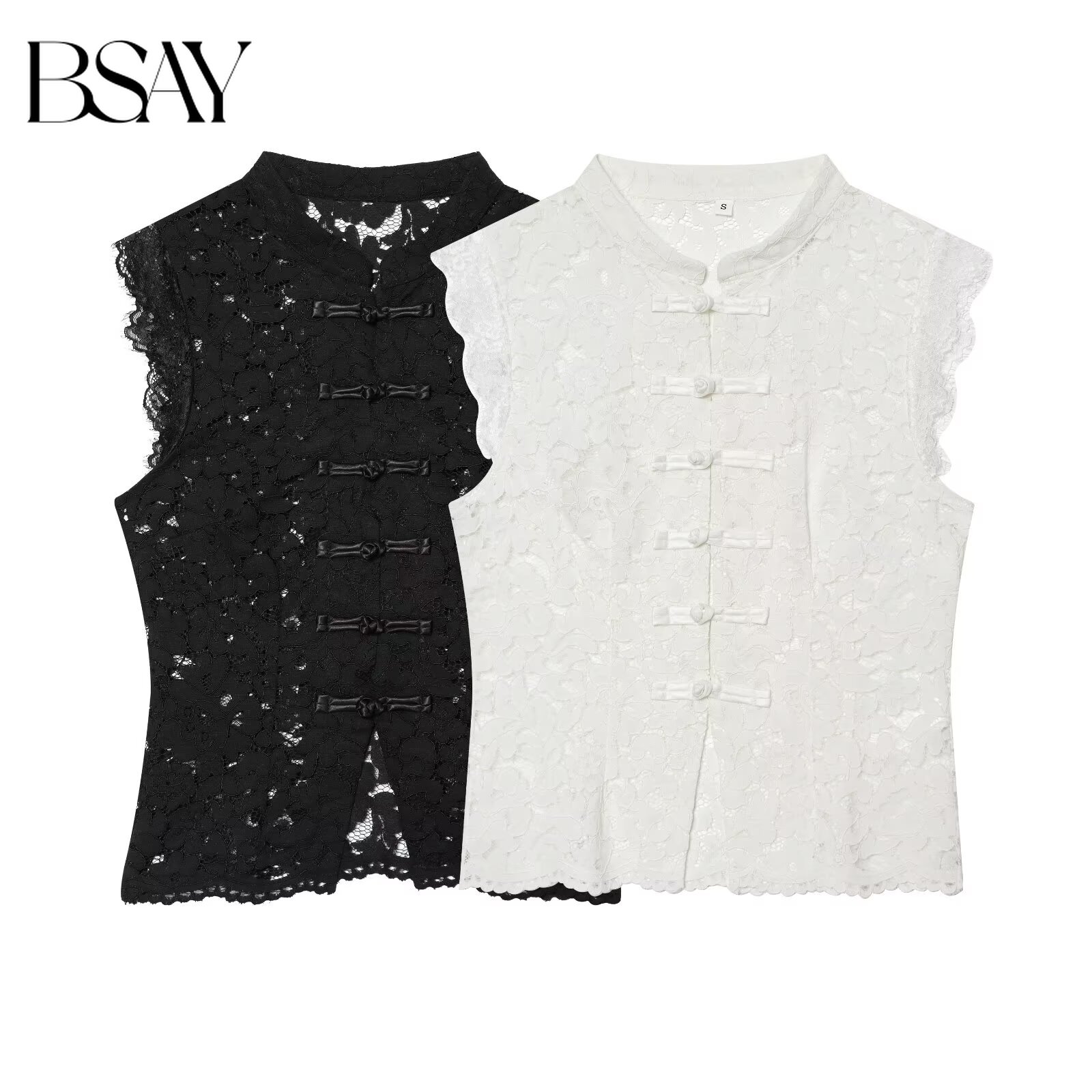 Street Fashion In Chinese - BSAY เสื้อผ้าผู้หญิงแฟชั่นสไตล์จีนเสื้อกั๊กสีขาวฤดูร้อนใหม่คอตั้งลูกไม้กลวงแขนกุดเก๋ไก๋เสื้อกล้ามหญิง