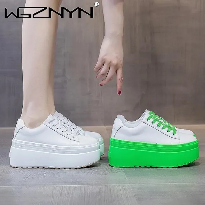 Chunky Sneaker Platform - รองเท้าลำลองผู้หญิงหนังแท้สุดหรูสำหรับฤดูใบไม้ร่วง พื้นหนาพิเศษ 8 ซม. รองเท้าผ้าใบแบบสวม สไตล์หนา