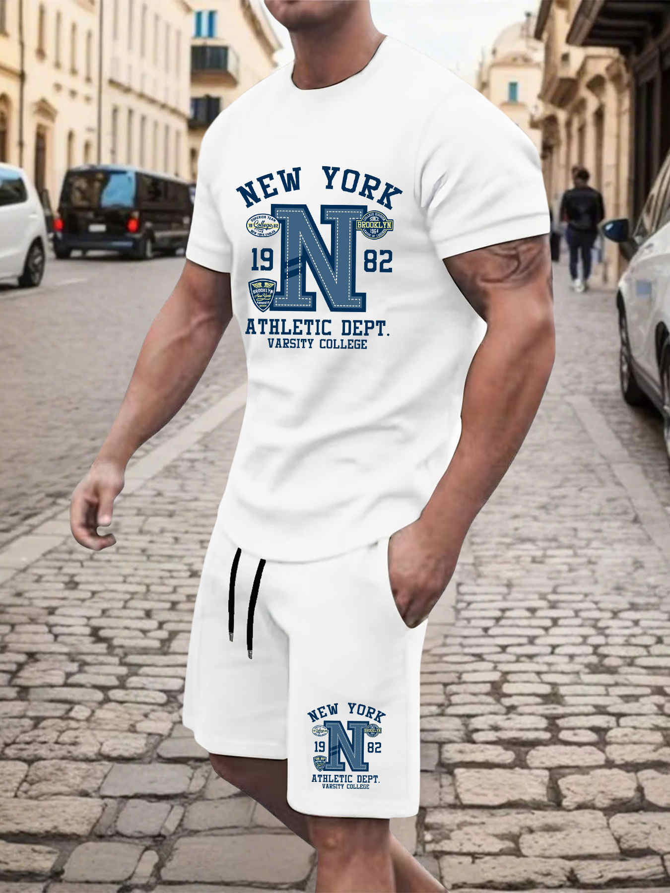 Street Fashion New York 2025 - 2025 ฤดูร้อนใหม่บุรุษชุดคุณภาพสูงเสื้อยืดกางเกงขาสั้น 2 ชิ้น New York