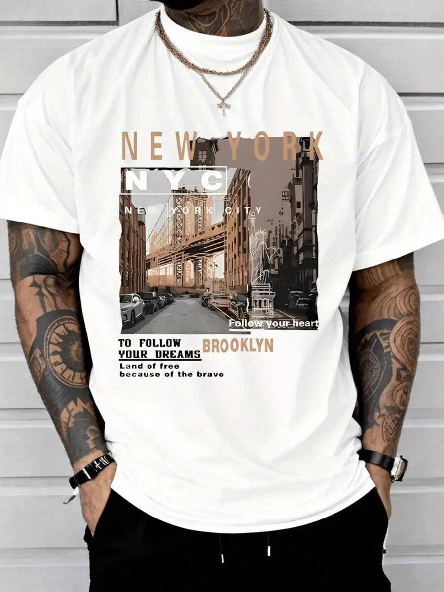 Street Fashion New York 2026 - เสื้อยืดลำลองผู้ชายปี 2026 ผ้าฝ้าย สตรีทแวร์ ลายวิวถนนนิวยอร์ก บรู๊คลิน