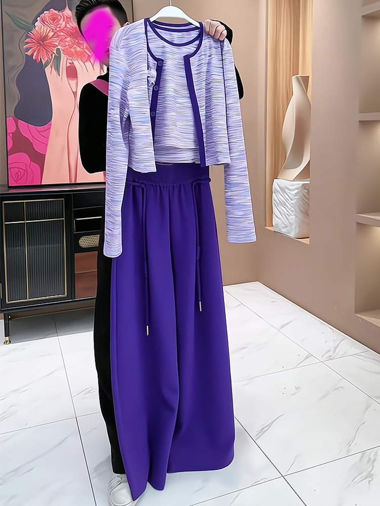 Street Fashion Online - ชุดกางเกงขากว้างแฟชั่นสำหรับผู้หญิง ชุดฤดูใบไม้ร่วง เสื้อคาร์ดิแกน เสื้อกั๊กด้านใน ชุดสามชิ้น สไตล์สตรีท