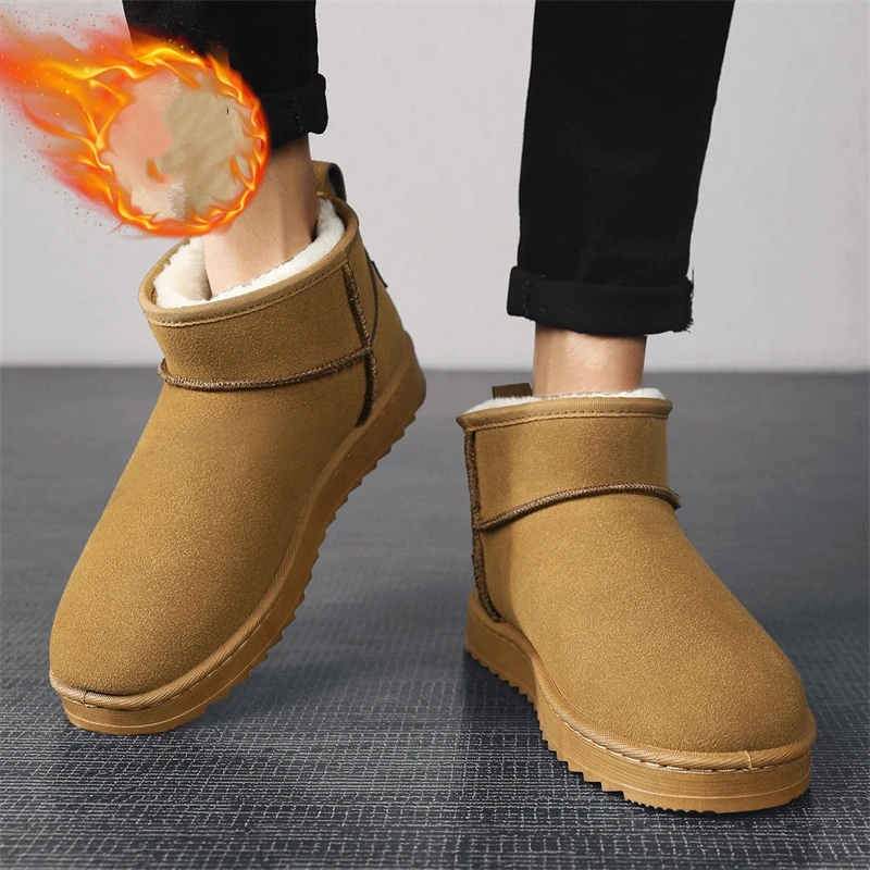 Street Fashion Online - รองเท้าบูทหนังกลับสีน้ำตาลแบบใหม่สำหรับผู้ชาย รองเท้าบูทหิมะแบบสั้นบุขนสำหรับฤดูหนาว รองเท้าบูทข้อสั้นบุขนคุณภาพสูง แบรนด์แฟชั่น รองเท้าบูทสำหรับหิมะ