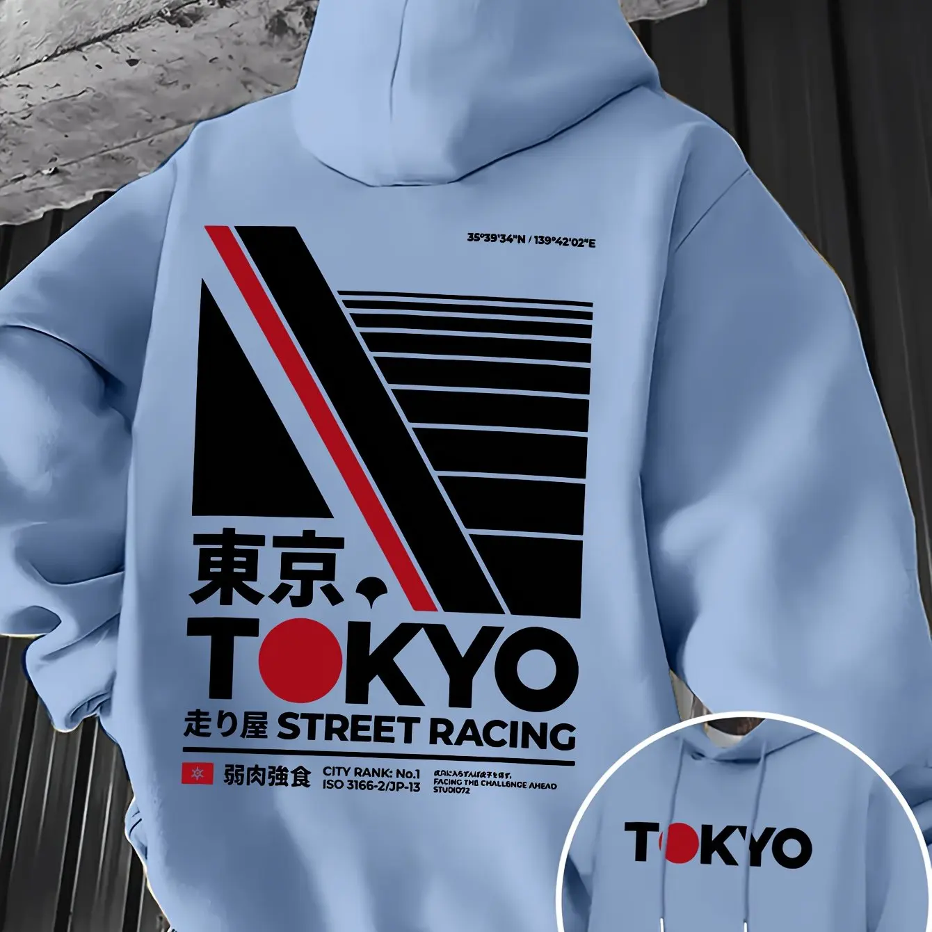 Street Fashion Guys - เสื้อฮู้ดดี้ผู้ชายลายพิมพ์สองด้านสไตล์เรโทร JDM โตเกียวเรซซิ่ง ลายตัวอักษรคันจิ ลายเส้นเรขาคณิต แฟชั่นสตรีท