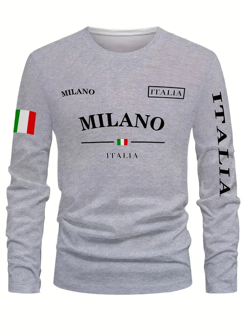 Street Fashion Of Milan - เสื้อยืดแขนยาวผู้ชาย ฤดูใบไม้ผลิ/ฤดูร้อน 2026 สไตล์มินิมอลแฟชั่นสตรีท ลายตัวอักษรมิลาน พิมพ์ลาย