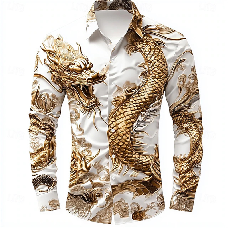 เสื้อเชิ้ตผู้ชายแขนยาว ลายมังก - Street Fashion In Chinese บทวิจารณ์และราคา