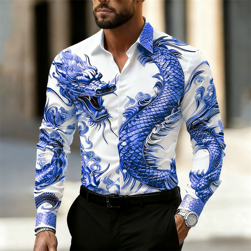 เสื้อเชิ้ตผู้ชายแขนยาว ลายมังก - Street Fashion In Chinese บทวิจารณ์และราคา