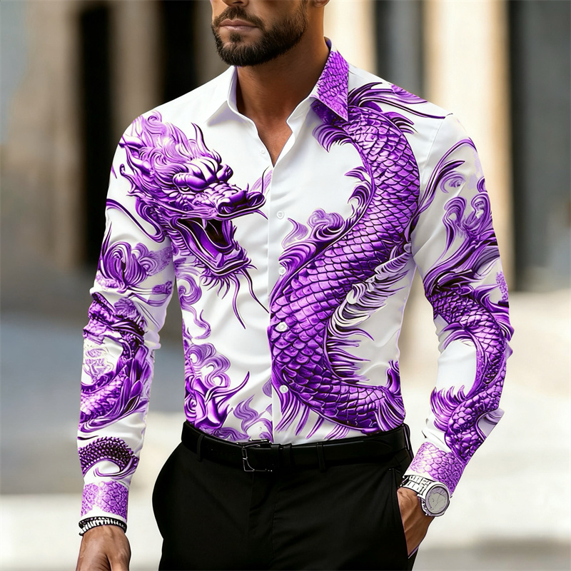 เสื้อเชิ้ตผู้ชายแขนยาว ลายมังก - Street Fashion In Chinese บทวิจารณ์และราคา