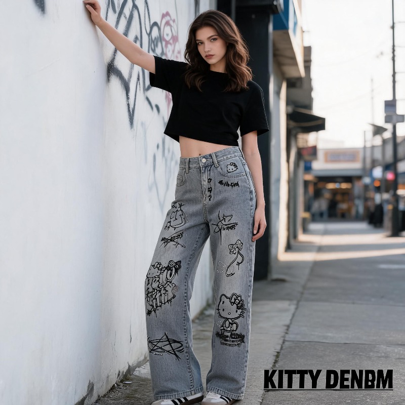 กางเกงยีนส์สไตล์การ์ตูนน่ารัก  - Street Fashion Model บทวิจารณ์และราคา