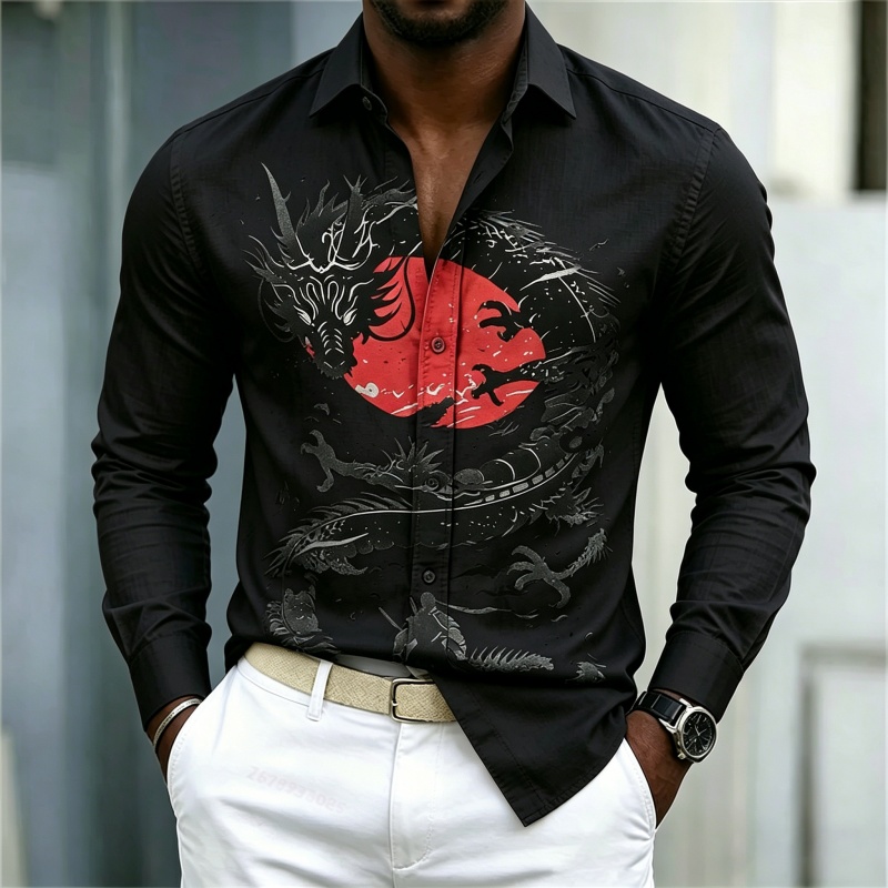 เสื้อเชิ้ตผู้ชายลายมังกรสีขาวด - Fashion Streetwear บทวิจารณ์และราคา