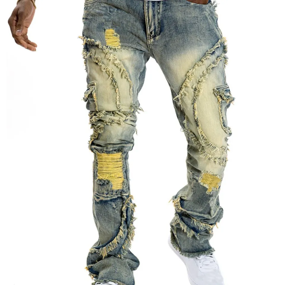 กางเกงยีนส์ผู้ชายทรงขาบานแต่งพ - Street Fashion Designer บทวิจารณ์และราคา