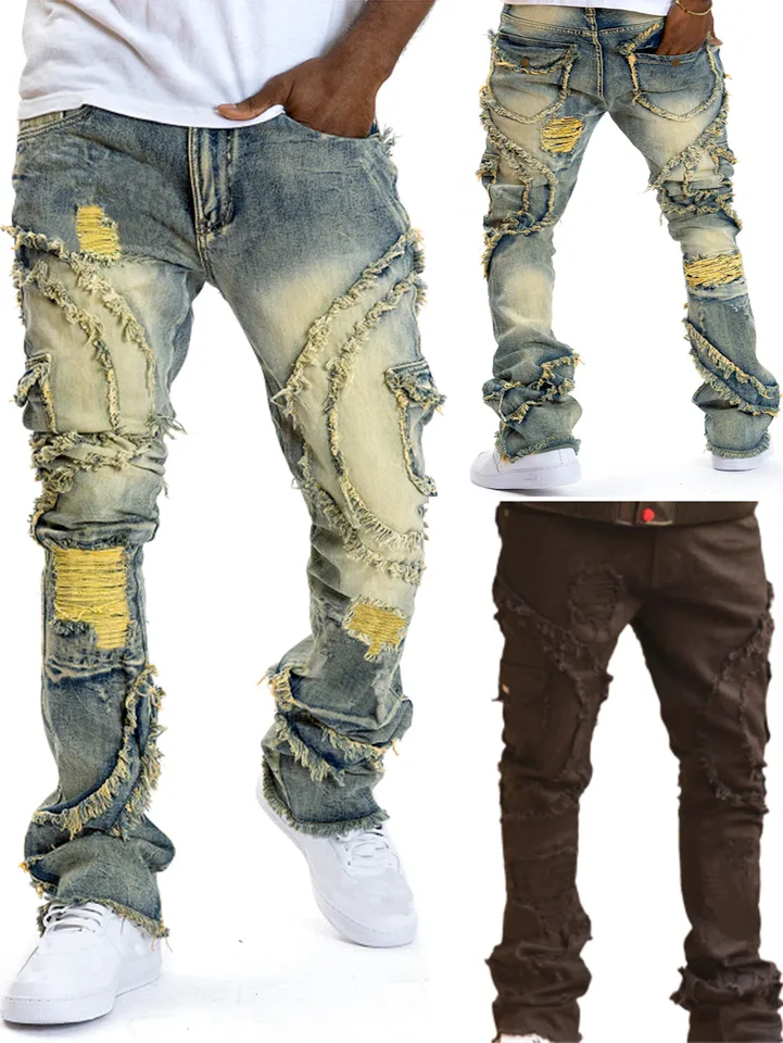 กางเกงยีนส์ผู้ชายทรงขาบานแต่งพ - Street Fashion Designer บทวิจารณ์และราคา