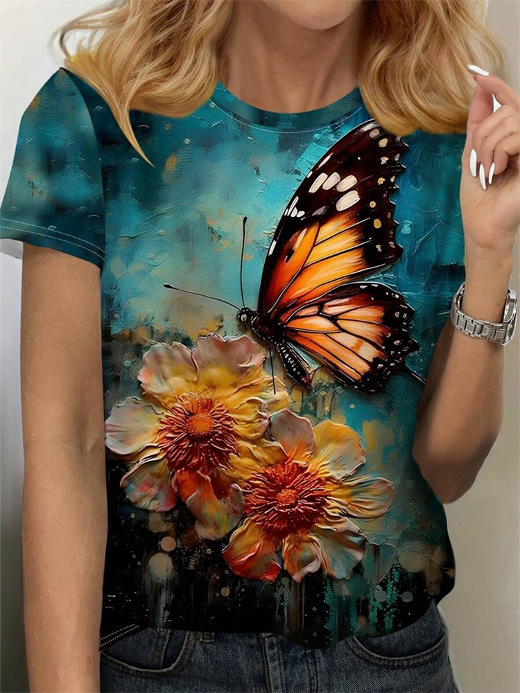 เสื้อยืดผู้หญิงลายผีเสื้อ ฤดูร - Street Fashion Urban บทวิจารณ์และราคา